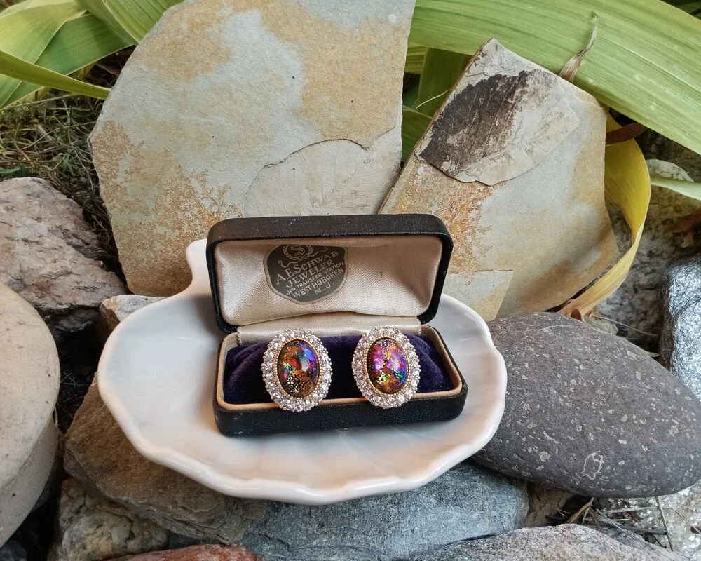 1960's D'Orlan Art Glass Opal Earrings - Picture 1 of 6